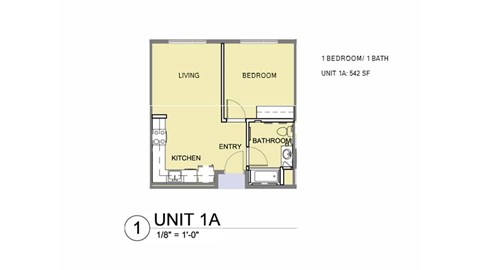 A floor plan of a one bedroom apartment.